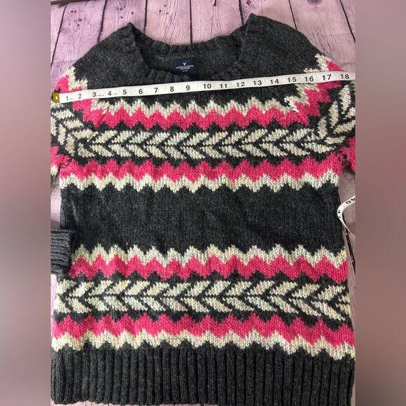 American Eagle Gray Pink White Nordic Fair Isle Scandi Wool Blend Sweater M - Picture 6 of 8